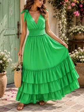 Strut & Bolt • Green Tie Shoulder Smocked Tiered Maxi Dress